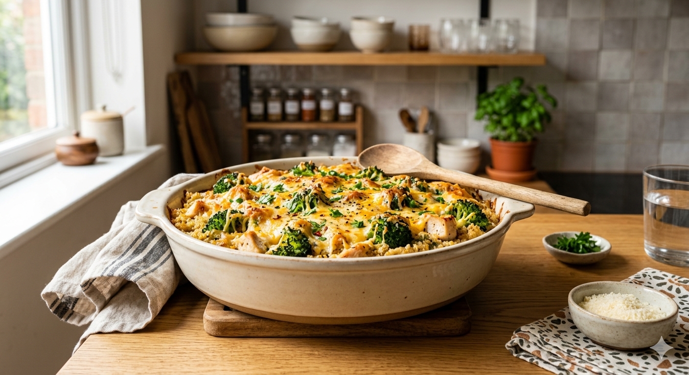 A golden-brown cheesy chicken, broccoli, and quinoa casserole in an oval ceramic baking dish with a wooden serving spoon, set on a wooden kitchen counter near a sunny window.