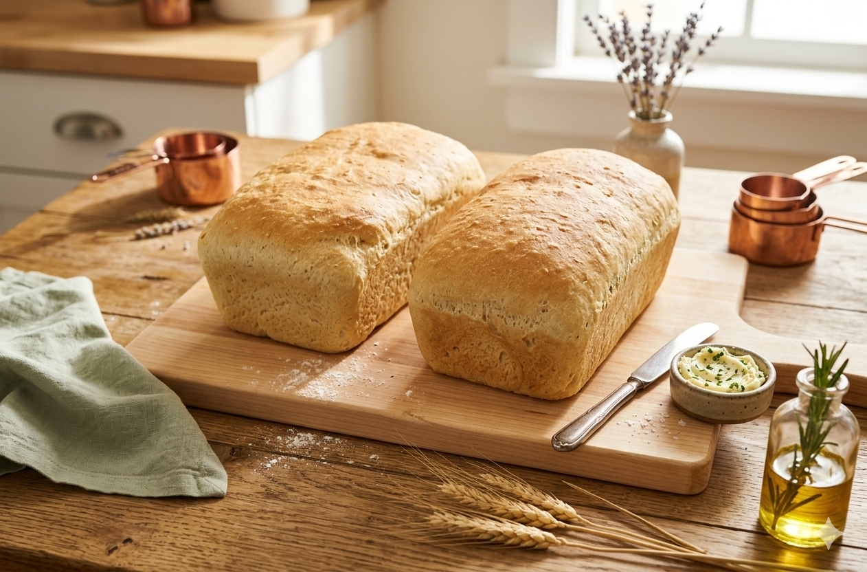 Two freshly baked loaves of Julie's Rustic Honey Oat Bread cooling on a wire rack atop a warm wooden farmhouse kitchen table.