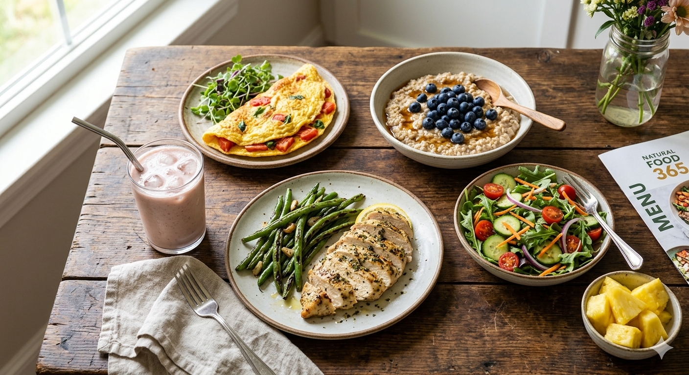 An array of natural whole foods on a wooden table, including a tomato basil omelet, grilled chicken with green beans, a bowl of blueberry oatmeal, a side of fresh pineapple chunks, a green salad, and a glass of strawberry banana milkshake.