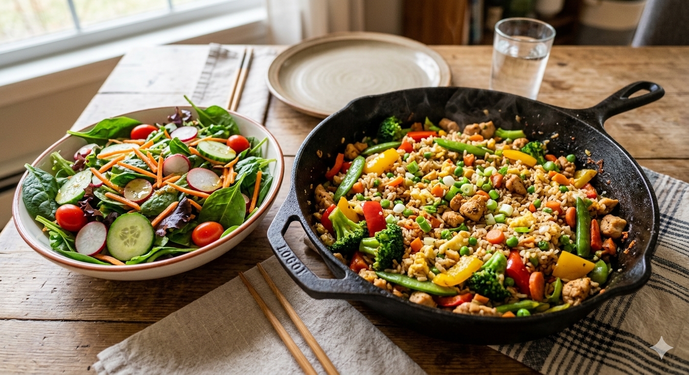 A cast iron skillet filled with chicken and vegetable fried rice next to a large bowl of fresh garden salad on a rustic wooden table.