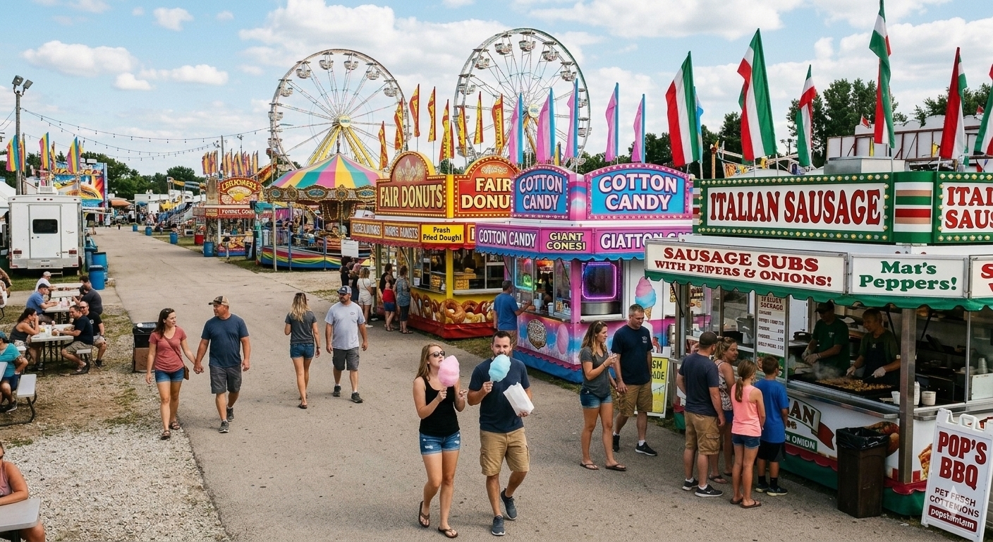 A county fair midway with donut, cotton candy, and sausage stands, a walkway with a dozen strolling people, and a large Ferris wheel in the background.