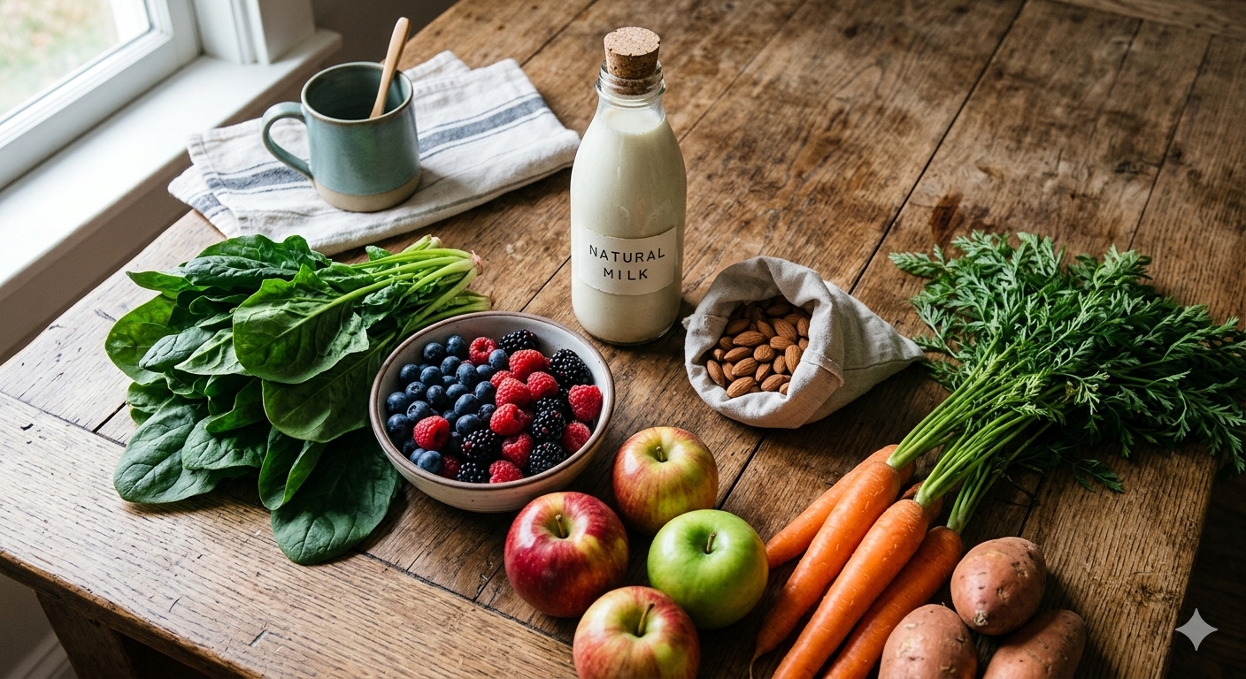 A rustic wooden tabletop filled with raw whole foods including a bottle of milk, fresh spinach, carrots, raw almonds, apples, and a bowl of mixed berries.