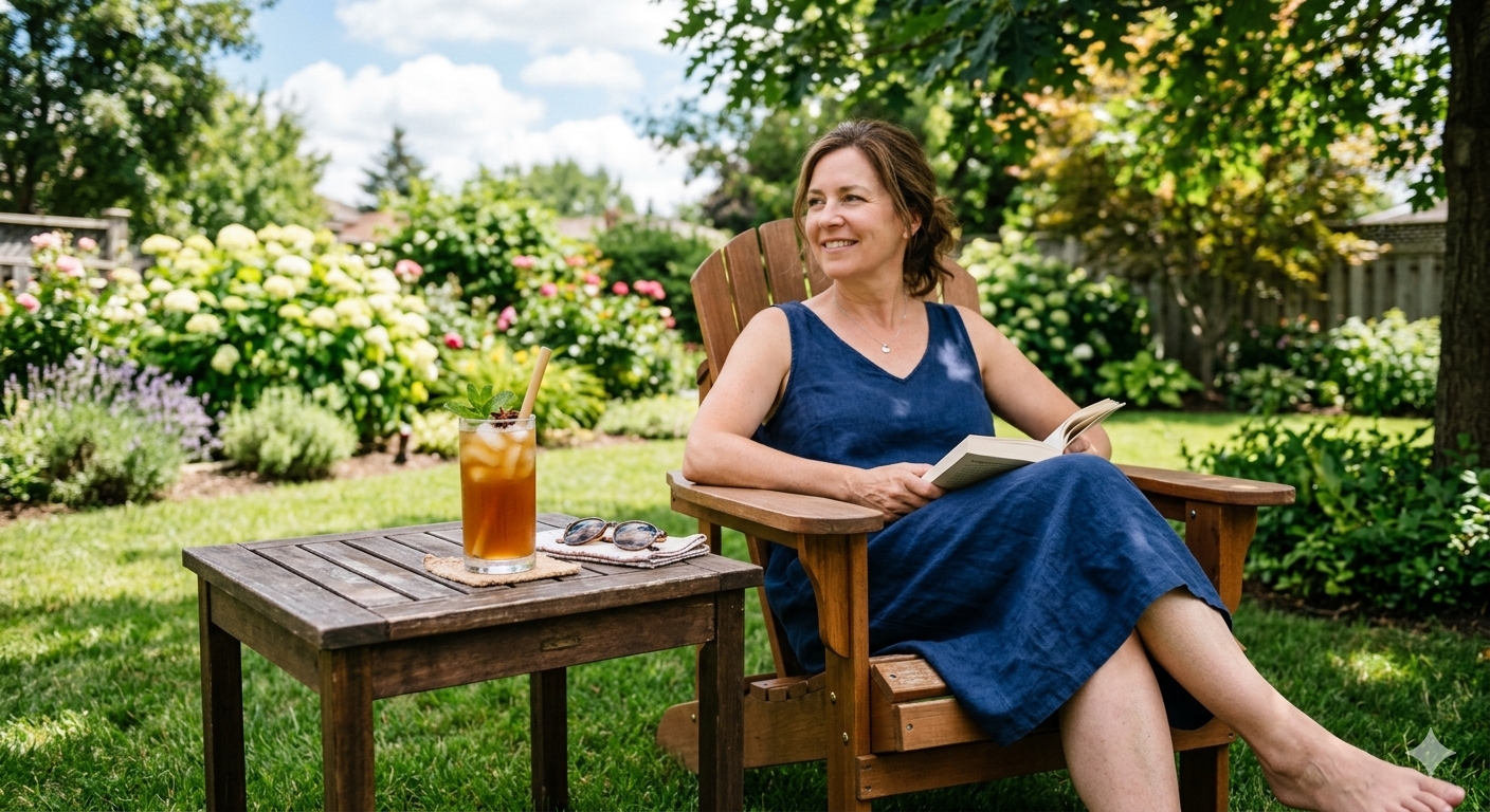 A glass of homemade Chai Iced Tea sitting on a table next to a woman with a book on her lap sitting in her yard with flowers blooming behind her.