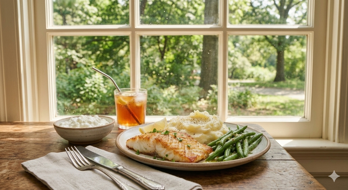 Pan seared haddock fillet with mashed potatoes, greeen beans, a side of cottage cheese and refreshing glass of iced tea.