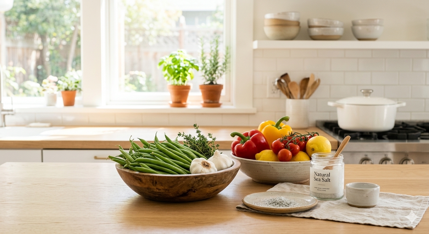 Fresh garden green beans, bell peppers, garlic, and a jar of natural sea salt on a bright kitchen counter.