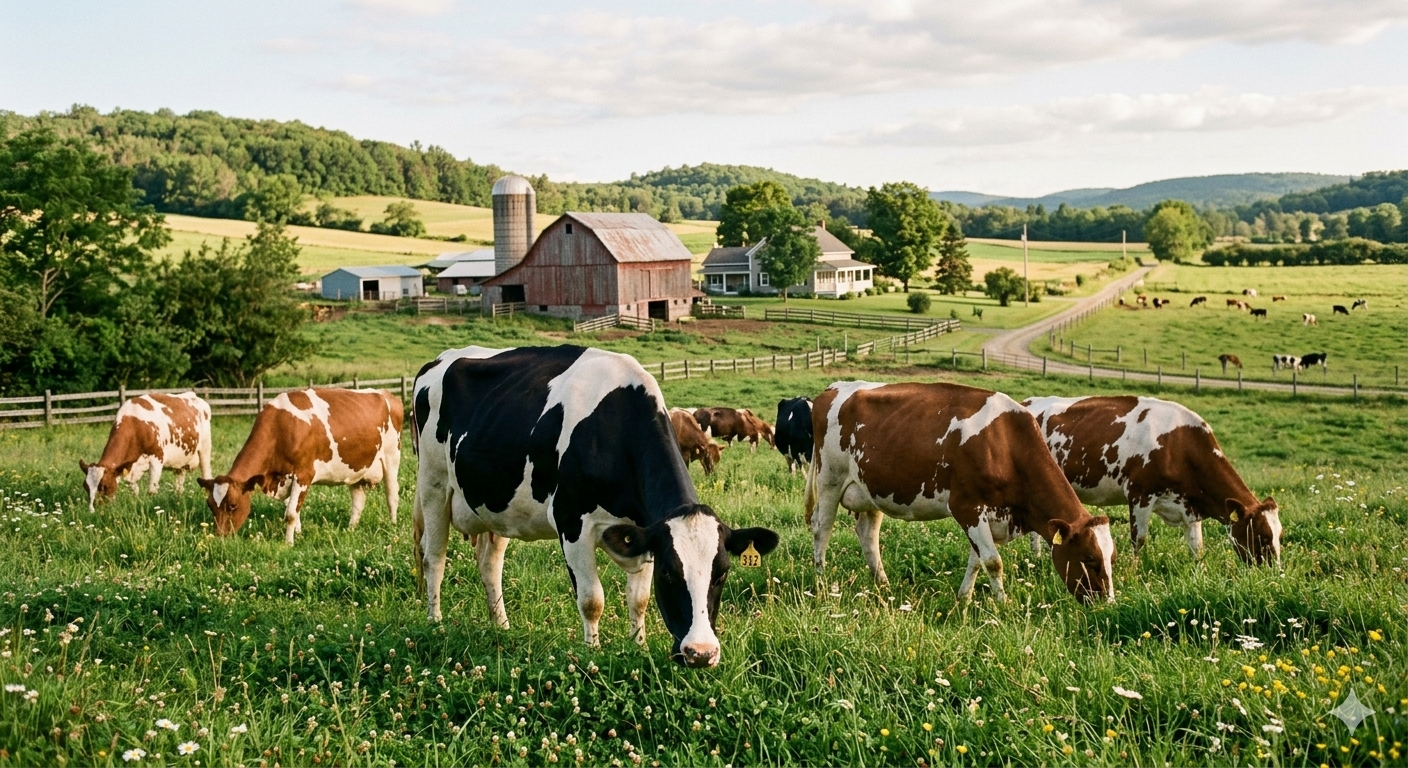 A herd of dairy cows grazing in a vibrant green grass pasture with a rustic red barn and rolling hills in the background.