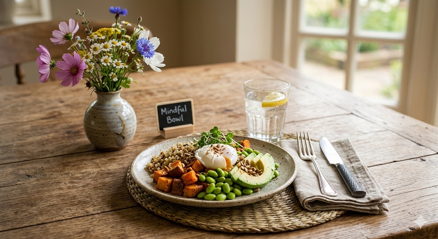 A single serving plate with fresh wholesome foods on a woven placemat next to a small vase of wildflowers.
