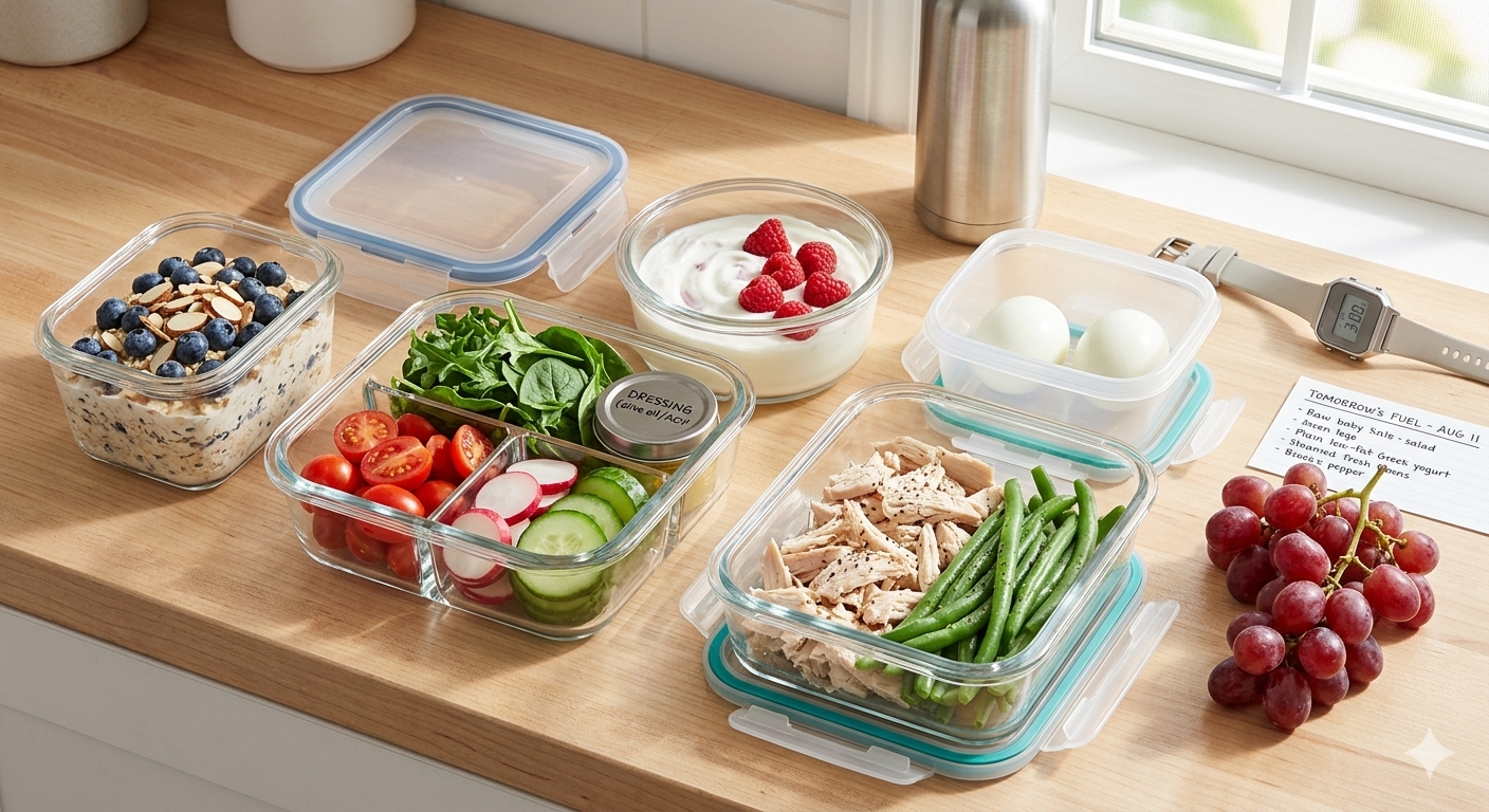 A high-angle photo of glass meal prep containers packed with a dark green salad, sliced chicken with green beans, blueberry oatmeal, a cup of fresh grapes, and Greek yogurt with raspberries.