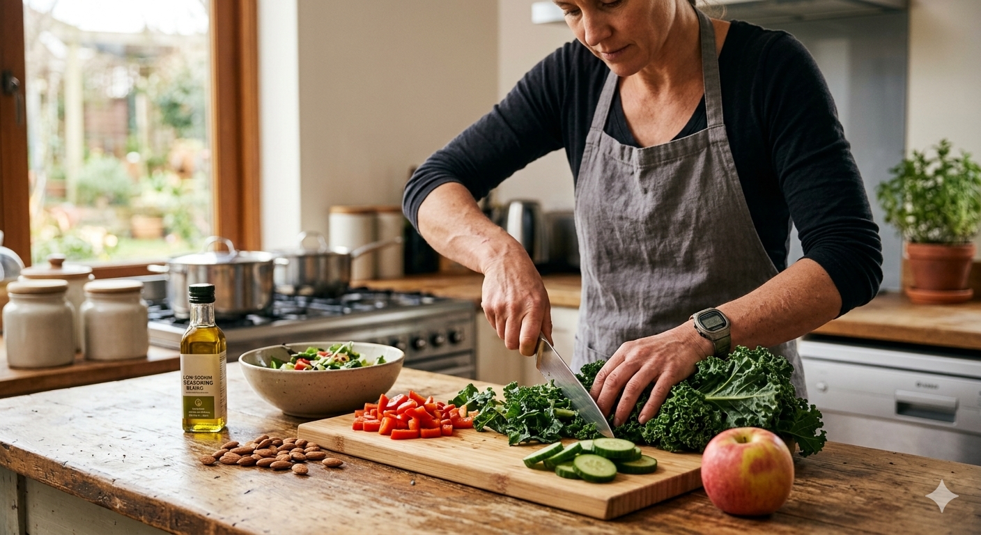 A close-up photo of a sharp chef's knife slicing fresh broccoli florets and carrots on a rustic wooden cutting board with soft, natural morning light.