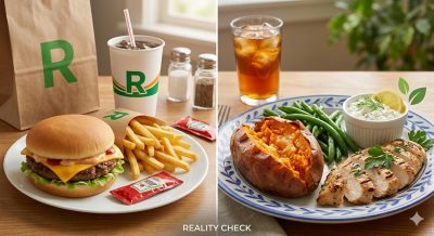 A side-by-side contrast image showing a fast-food meal of a burger, fries, and soda on the left, and a natural whole-food plate of grilled chicken, sweet potato, green beans, cottage cheese, and iced tea on the right.
