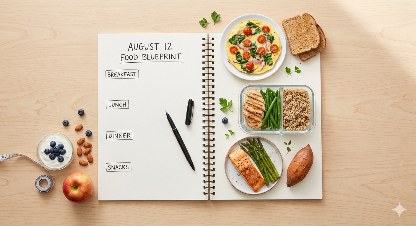 A top-down flat lay view of a paper logging notebook surrounded by measured single portions of a tomato-basil omelet, oatmeal with blueberries, chicken breast with steamed green beans, and yogurt with raspberries.
