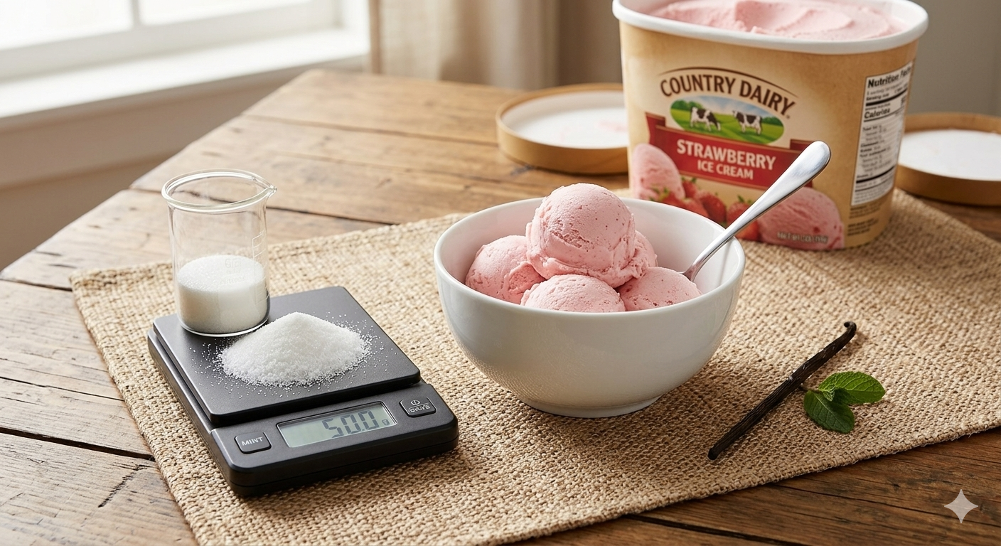 Bowl of strawberry ice cream with a scale showing the added sugar of 50 grams.