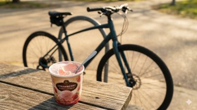 Sweet indulgence photo of strawberry ice cream with a spoon in front of a bike resting in its space.