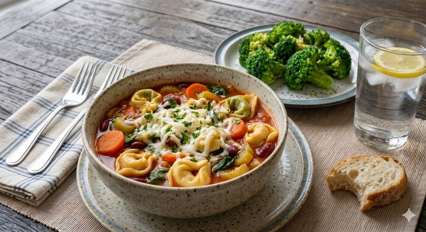 A bowl of tomato-based tortellini soup with melted shredded cheese on top, a side of steamed broccoli florets, and a glass of ice water on a placemat.